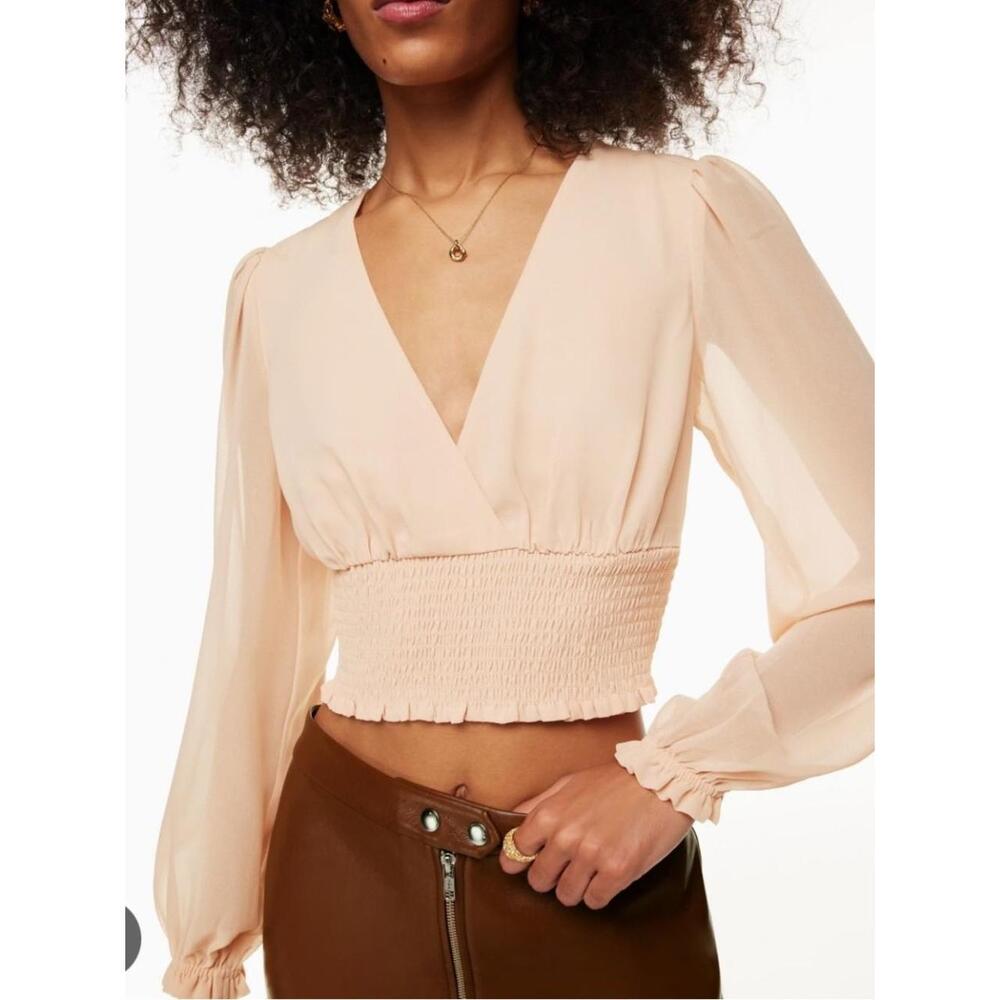 Aritzia Wilfred Wistful Pale Blush Sheer Long-Sleeve Smocked Crop Top